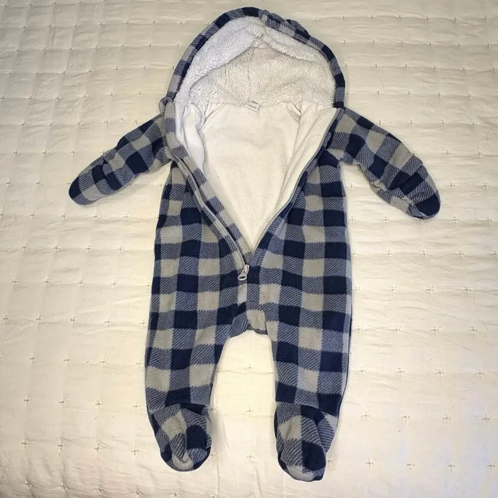 Old Navy One-Piece Fleece Snowsuit Boys 0-3M Blue Gray Check Hooded